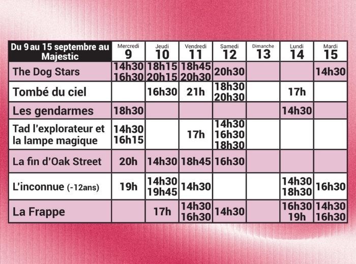 Programmation semaine du 9 au 15 Septembre